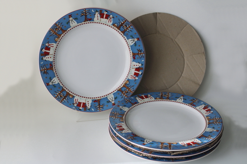 photo of Y2K vintage Debbie Mumm Snowman pattern stoneware dinner plates gently used set in original box  #6