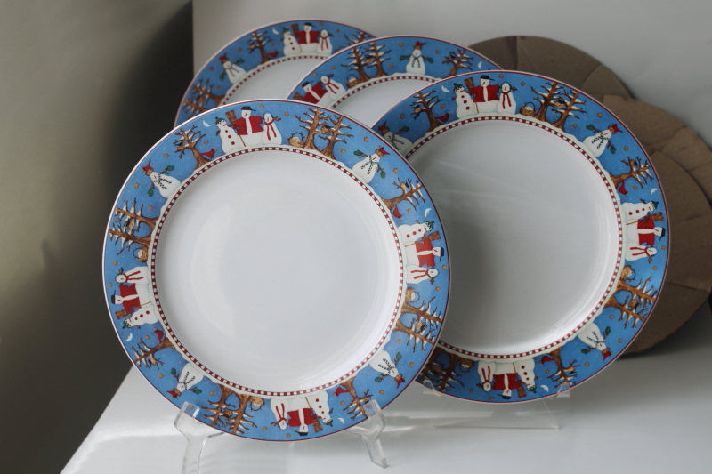 photo of Y2K vintage Debbie Mumm Snowman pattern stoneware dinner plates gently used set in original box  #9