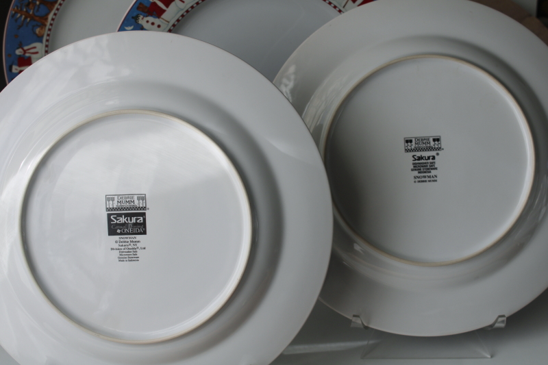 photo of Y2K vintage Debbie Mumm Snowman pattern stoneware dinner plates gently used set in original box  #10