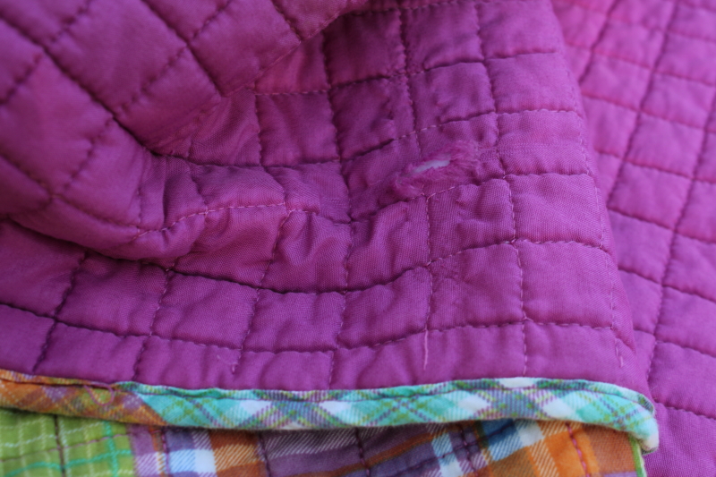 photo of Y2K vintage quilted bedspread cotton madras plaid patchwork preppy green, purple, orange, aqua  #2