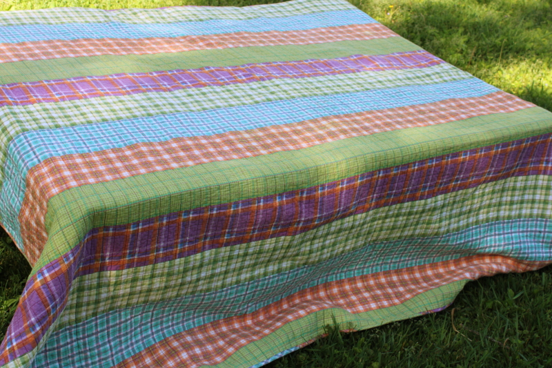 photo of Y2K vintage quilted bedspread cotton madras plaid patchwork preppy green, purple, orange, aqua  #3