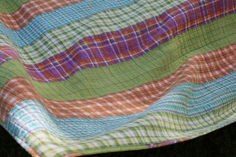 photo of Y2K vintage quilted bedspread cotton madras plaid patchwork preppy green, purple, orange, aqua  #4