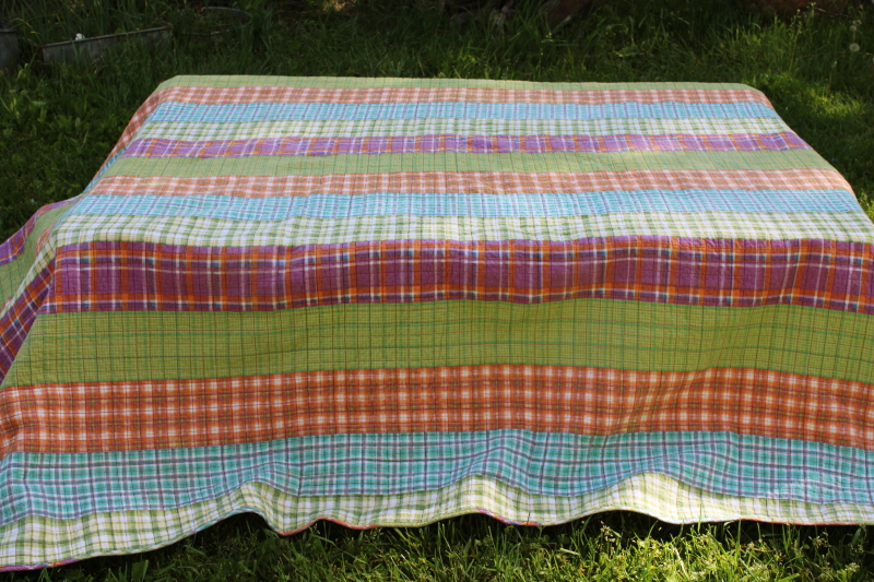 photo of Y2K vintage quilted bedspread cotton madras plaid patchwork preppy green, purple, orange, aqua  #5