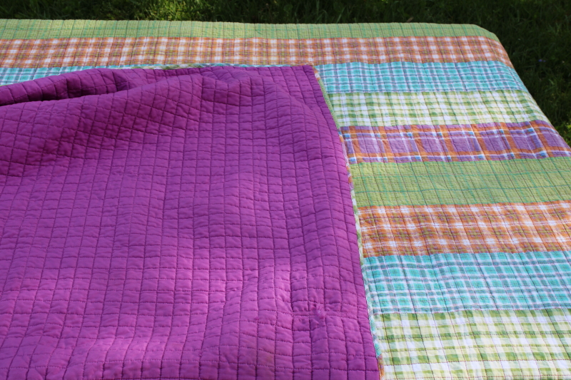 photo of Y2K vintage quilted bedspread cotton madras plaid patchwork preppy green, purple, orange, aqua  #6