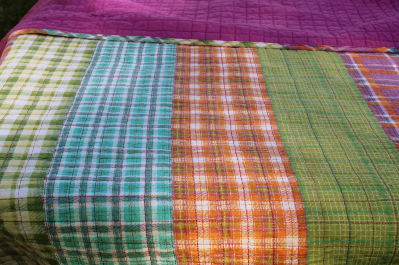 photo of Y2K vintage quilted bedspread cotton madras plaid patchwork preppy green, purple, orange, aqua  #7