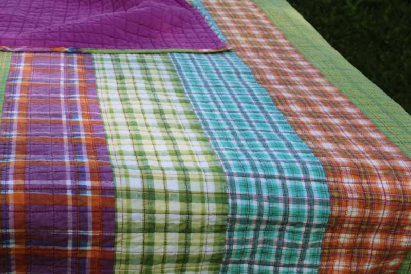 photo of Y2K vintage quilted bedspread cotton madras plaid patchwork preppy green, purple, orange, aqua  #8