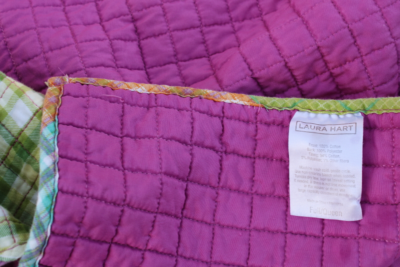 photo of Y2K vintage quilted bedspread cotton madras plaid patchwork preppy green, purple, orange, aqua  #9