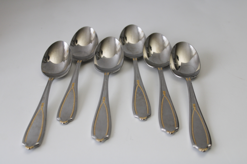 photo of Yamazaki gold accent stainless flatware, set of 6 soup spoons Victoria tassel pattern  #3