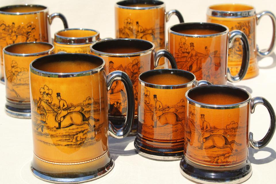 photo of Ye Olde Coaching and Hunting Days English pottery tavern mugs, beer or ale cups #1