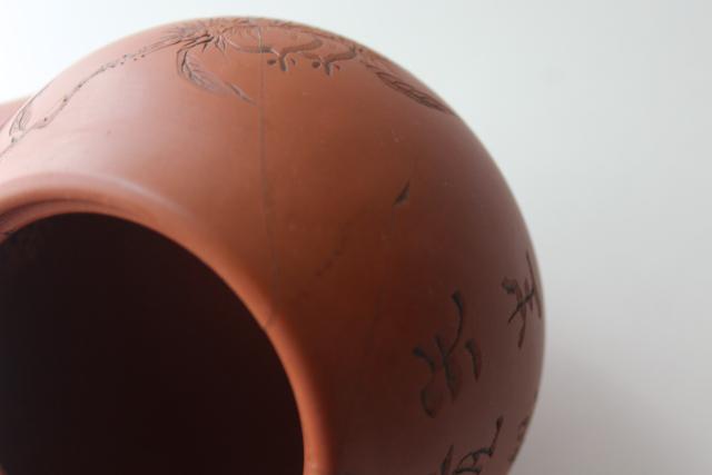 photo of Yixing type vintage Chinese redware clay tea pot, inscised horse chestnut herb #7