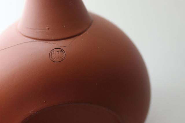 photo of Yixing type vintage Chinese redware clay tea pot, inscised horse chestnut herb #9