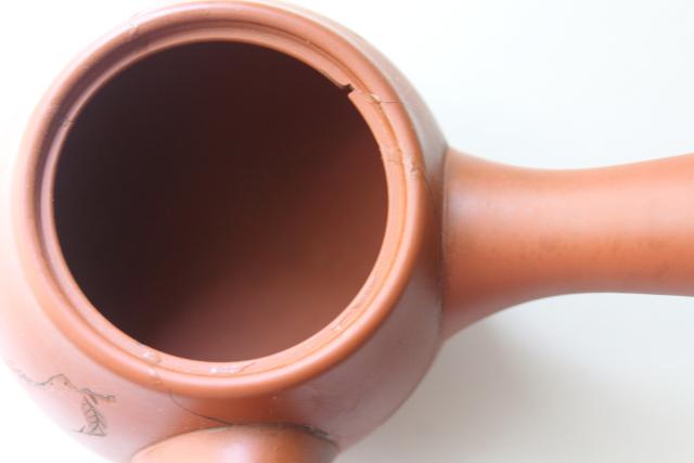 photo of Yixing type vintage Chinese redware clay tea pot, inscised horse chestnut herb #10