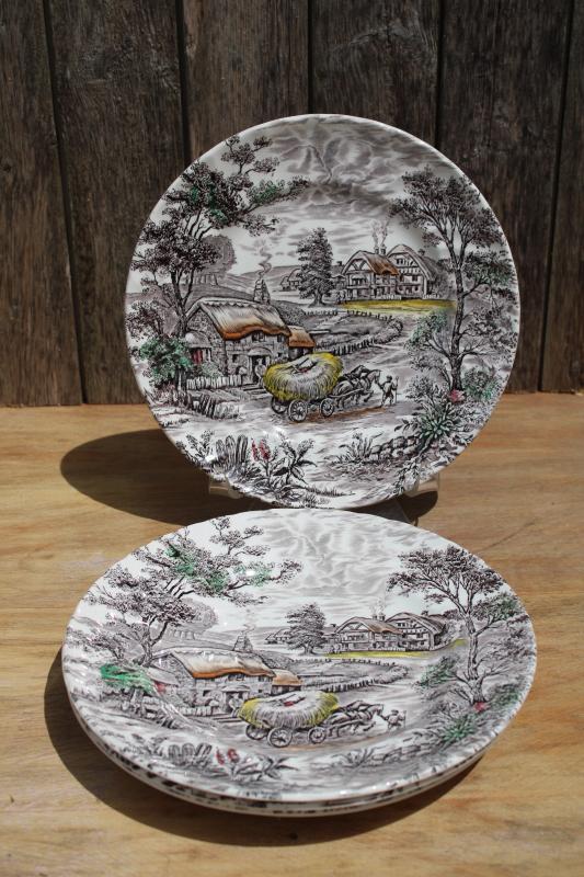 photo of Yorkshire scene multicolored transferware dinner plates, vintage English Staffordshire china #5