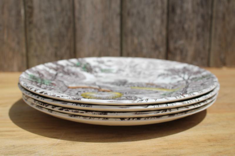 photo of Yorkshire scene multicolored transferware dinner plates, vintage English Staffordshire china #6