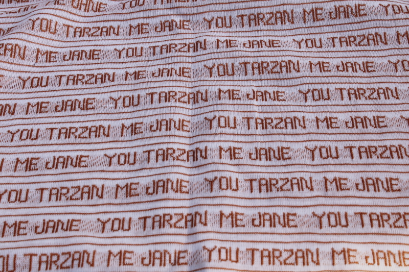 photo of You Tarzan Me Jane 70s vintage poly knit fabric, funny sexy retro fabric for tees or sleepwear #2