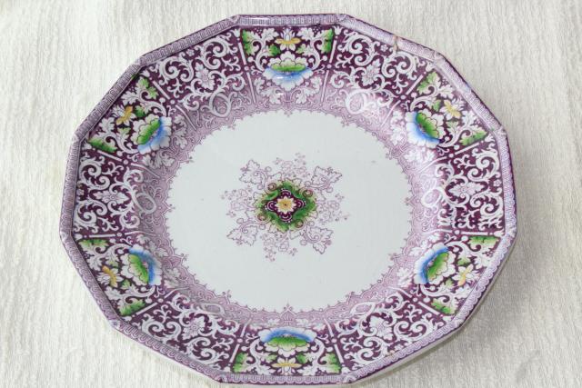 photo of Zamara purple transferware china plate, antique English ironstone Francis Morley mid 1800s vintage #2