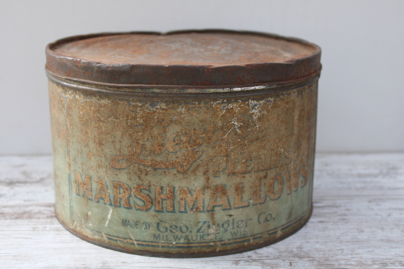 photo of Zeiglers Milwaukee Peerless Marshmallows antique candy tin, mint green blue color, worn original finish  #1
