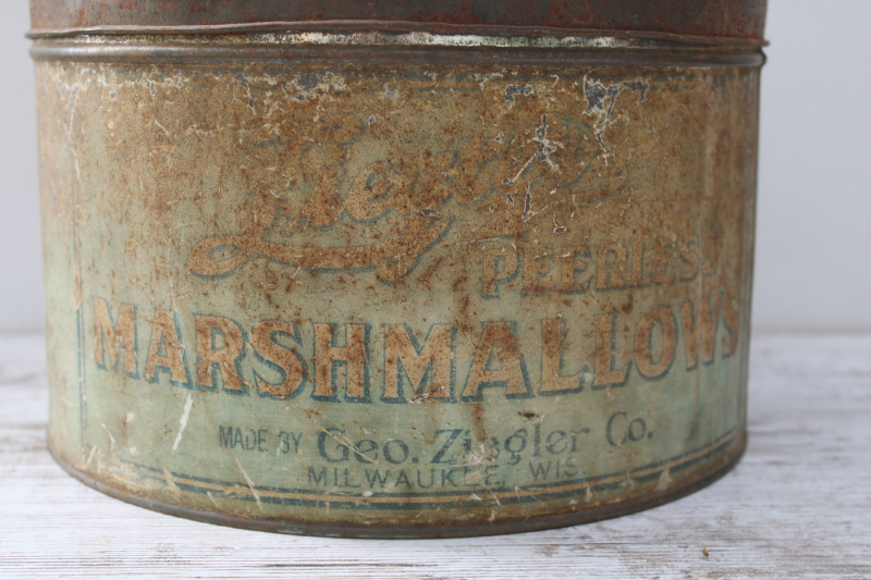 photo of Zeiglers Milwaukee Peerless Marshmallows antique candy tin, mint green blue color, worn original finish  #4