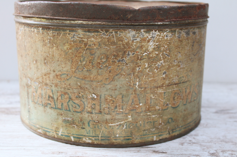 photo of Zeiglers Milwaukee Peerless Marshmallows antique candy tin, mint green blue color, worn original finish  #7