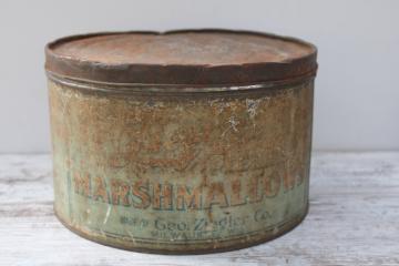 Zeiglers Milwaukee Peerless Marshmallows antique candy tin, mint green blue color, worn original finish 