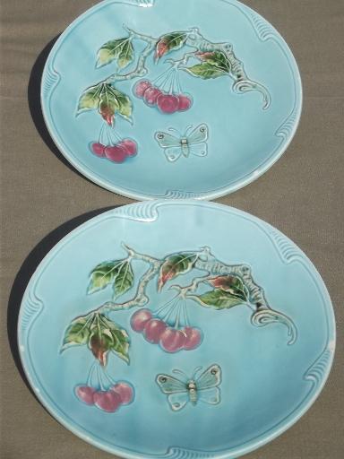 photo of Zell Germany antique majolica china plates, shabby cherries on blue #1