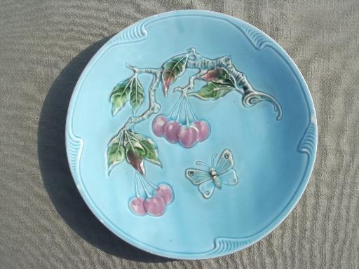 photo of Zell Germany antique majolica china plates, shabby cherries on blue #2