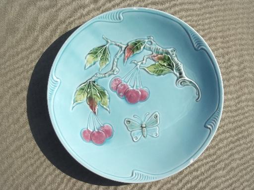 photo of Zell Germany antique majolica china plates, shabby cherries on blue #3