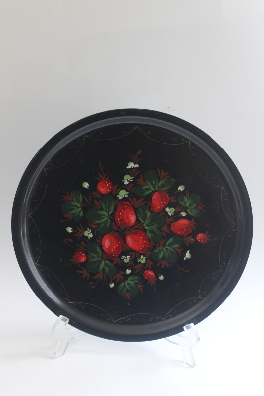 photo of Zhostovo toleware metal tray hand painted strawberries on black, Soviet vintage Russian folk art  #1