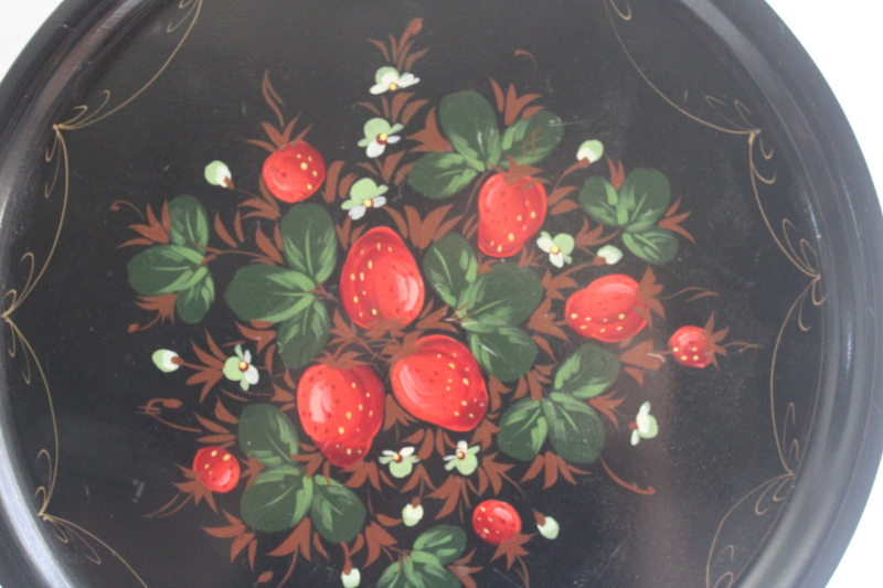 photo of Zhostovo toleware metal tray hand painted strawberries on black, Soviet vintage Russian folk art  #2