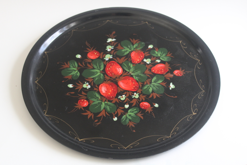 photo of Zhostovo toleware metal tray hand painted strawberries on black, Soviet vintage Russian folk art  #3