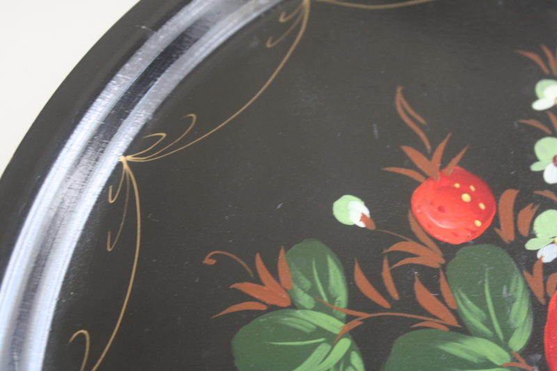 photo of Zhostovo toleware metal tray hand painted strawberries on black, Soviet vintage Russian folk art  #4