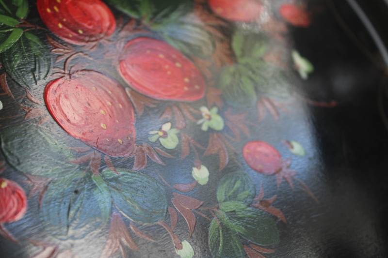 photo of Zhostovo toleware metal tray hand painted strawberries on black, Soviet vintage Russian folk art  #5