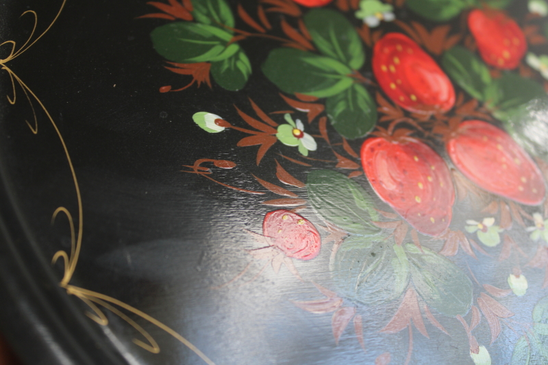 photo of Zhostovo toleware metal tray hand painted strawberries on black, Soviet vintage Russian folk art  #6