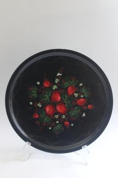 catalog photo of Zhostovo toleware metal tray hand painted strawberries on black, Soviet vintage Russian folk art 