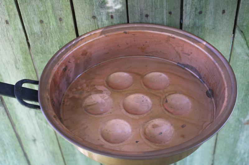 photo of aebelskiver pan, vintage copper pan w/ long forged iron handle, rustic kitchen decor #5