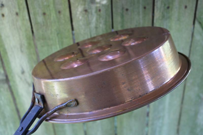 photo of aebelskiver pan, vintage copper pan w/ long forged iron handle, rustic kitchen decor #6