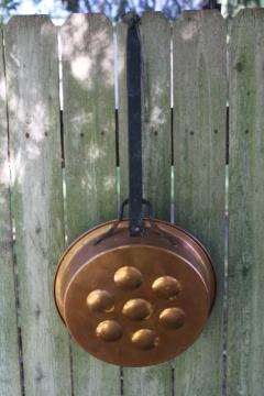 catalog photo of aebelskiver pan, vintage copper pan w/ long forged iron handle, rustic kitchen decor
