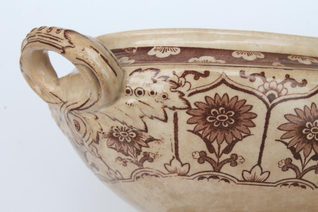 photo of aesthetic antique brown transferware china, sunflowers pattern small tureen Wm Brownfield Staffordshire #9