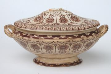 catalog photo of aesthetic antique brown transferware china, sunflowers pattern small tureen Wm Brownfield Staffordshire