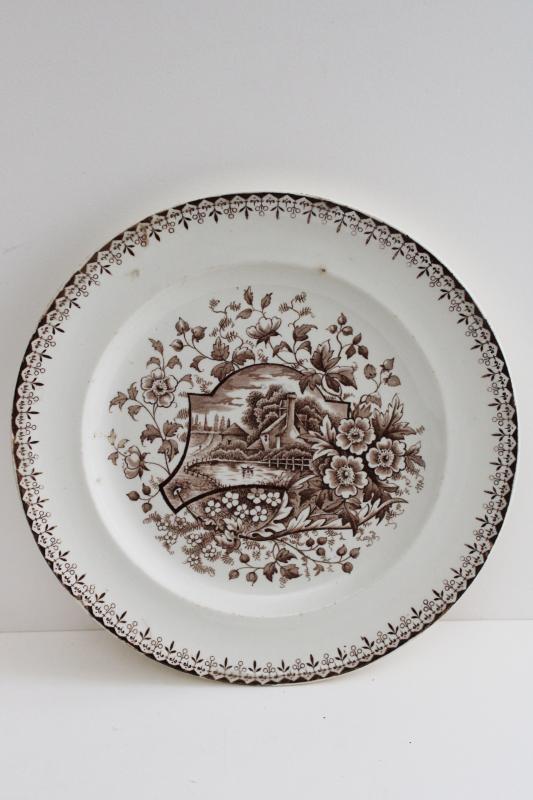 photo of aesthetic design antique brown transferware china plate, English cottage scene #1