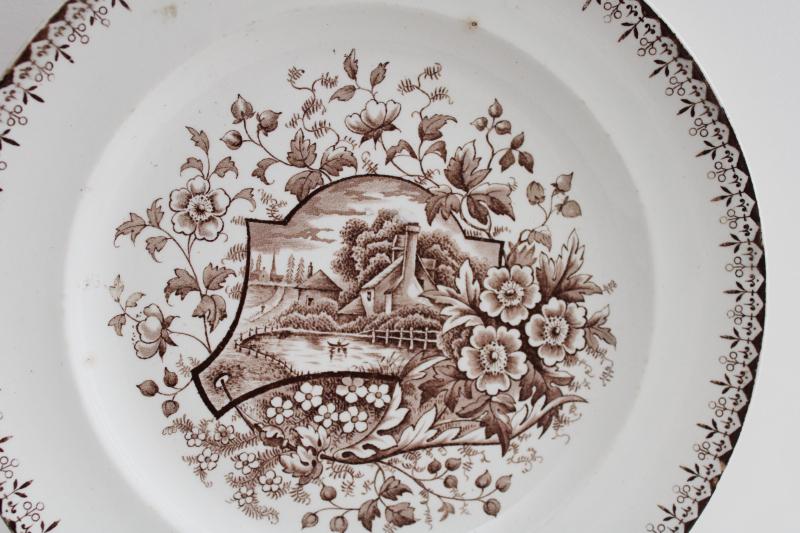 photo of aesthetic design antique brown transferware china plate, English cottage scene #2