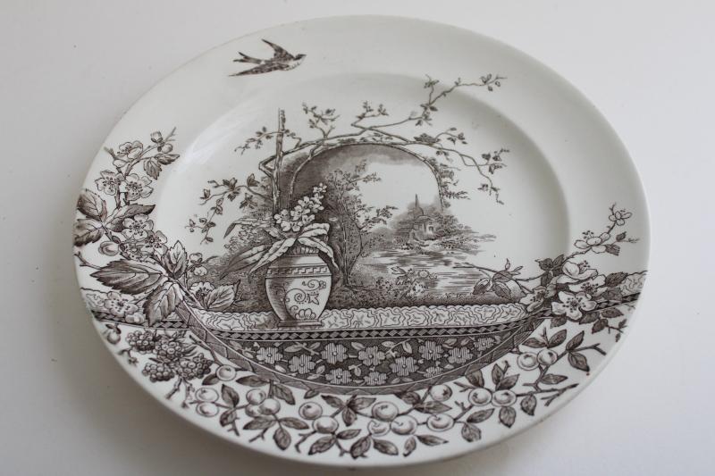 photo of aesthetic design antique brown transferware china plate, Hill's Rustic bee hive mark #1