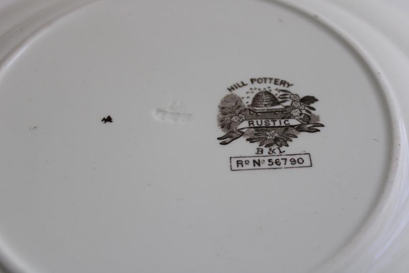 photo of aesthetic design antique brown transferware china plate, Hill's Rustic bee hive mark #6