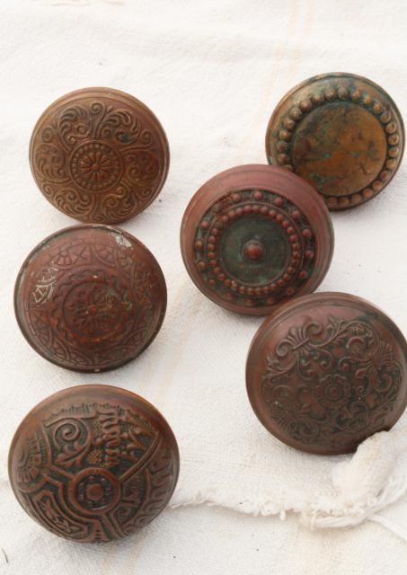 photo of aesthetic movement antique brass door knobs,   original patina Eastlake vintage hardware lot #1