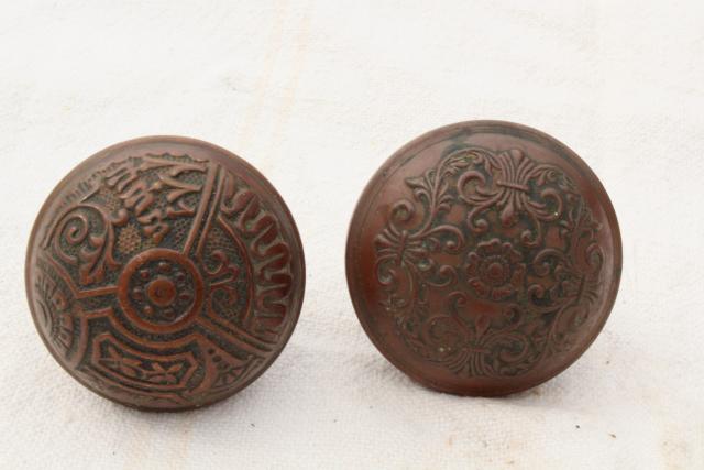 photo of aesthetic movement antique brass door knobs,   original patina Eastlake vintage hardware lot #2