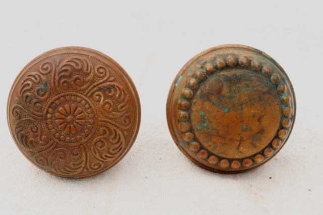 photo of aesthetic movement antique brass door knobs,   original patina Eastlake vintage hardware lot #4