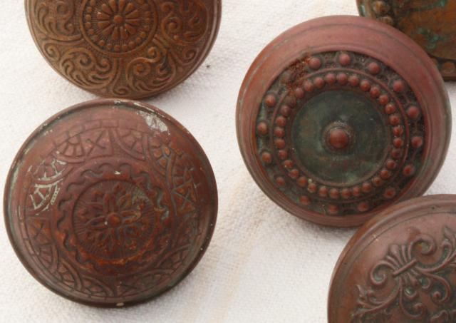 photo of aesthetic movement antique brass door knobs,   original patina Eastlake vintage hardware lot #7