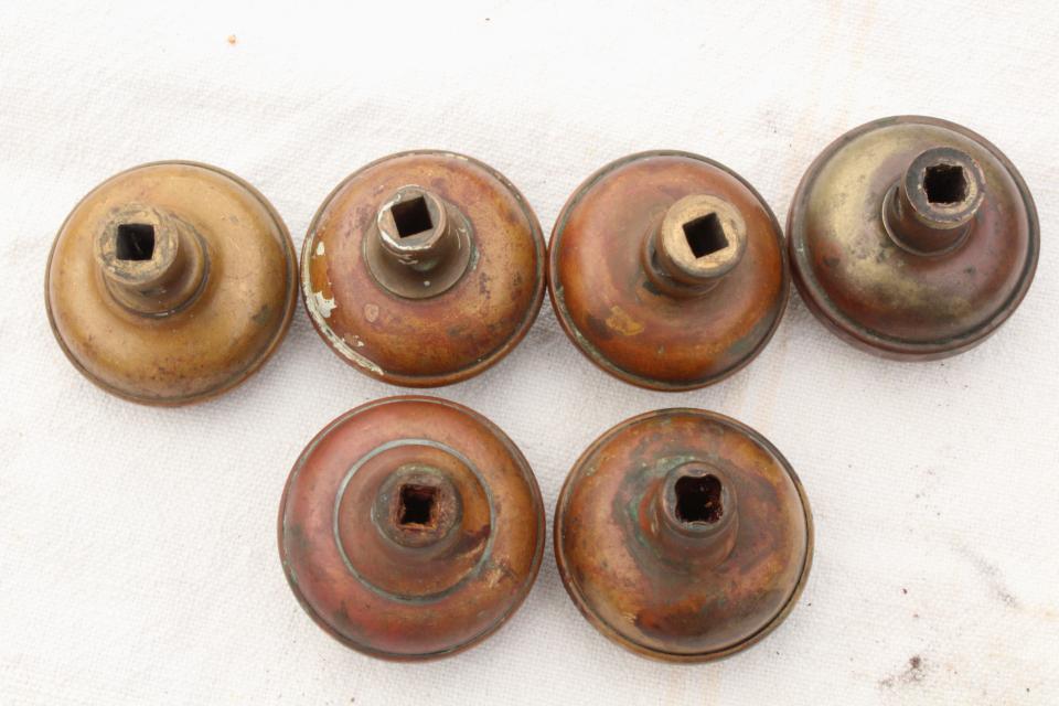 photo of aesthetic movement antique brass door knobs,   original patina Eastlake vintage hardware lot #9