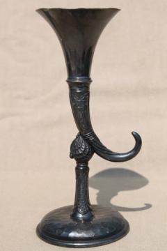 catalog photo of aesthetic movement art nouveau silver horn shaped bud vase, antique Tufts silverplate