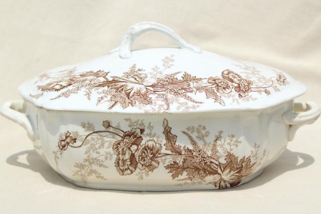 photo of aesthetic vintage ironstone china covered dish, brown transferware poppies #1